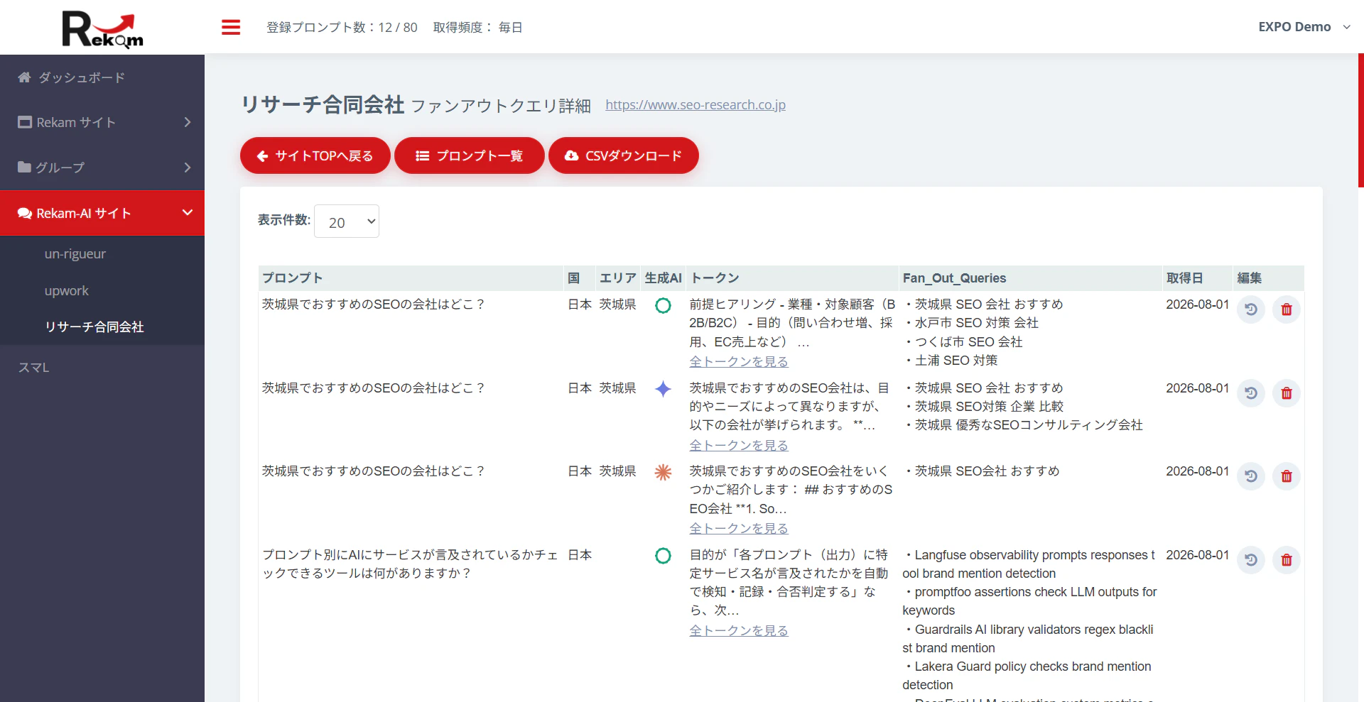 ファンアウトクエリ画面。プロンプトごとにAIが展開した検索クエリと回答トークンが記録されている